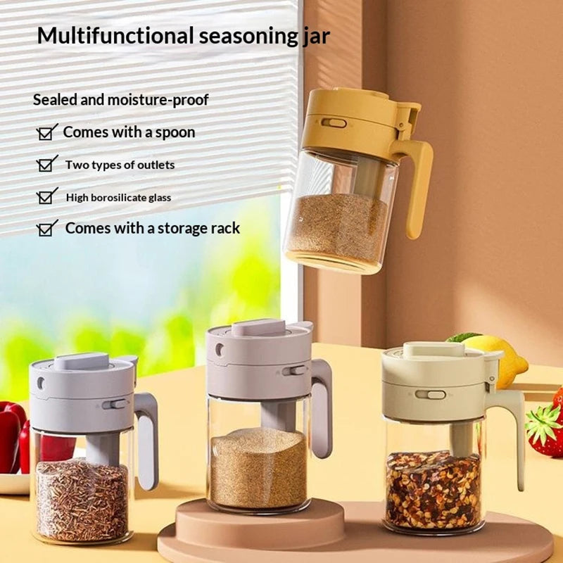 SU Household Kitchen Moisture-Proof Seasoning Jar Salt Container 2 In 1 Glass Spice Bottle Spoon Separation Glass Seasoning Can Oasis Select
