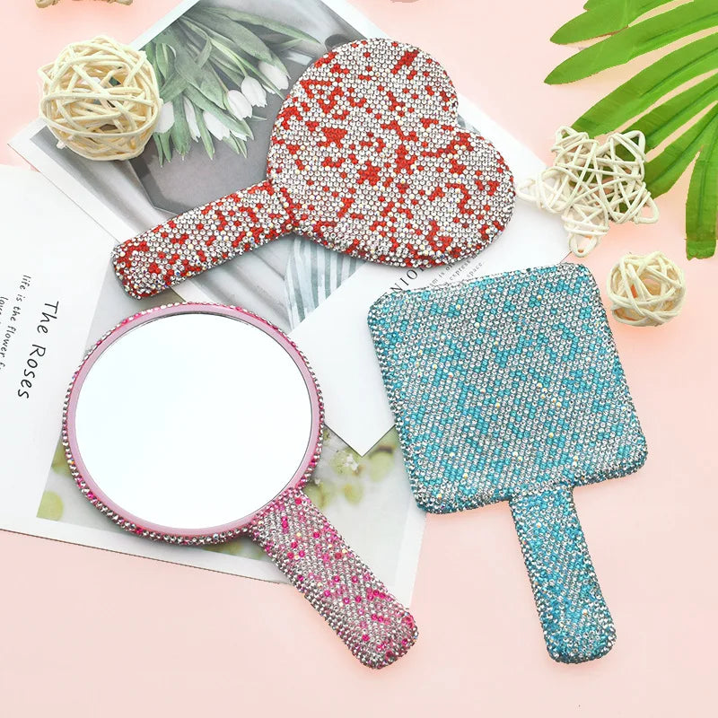 Diamond Rhinestone Handheld Makeup Mirror – Heart Round Square