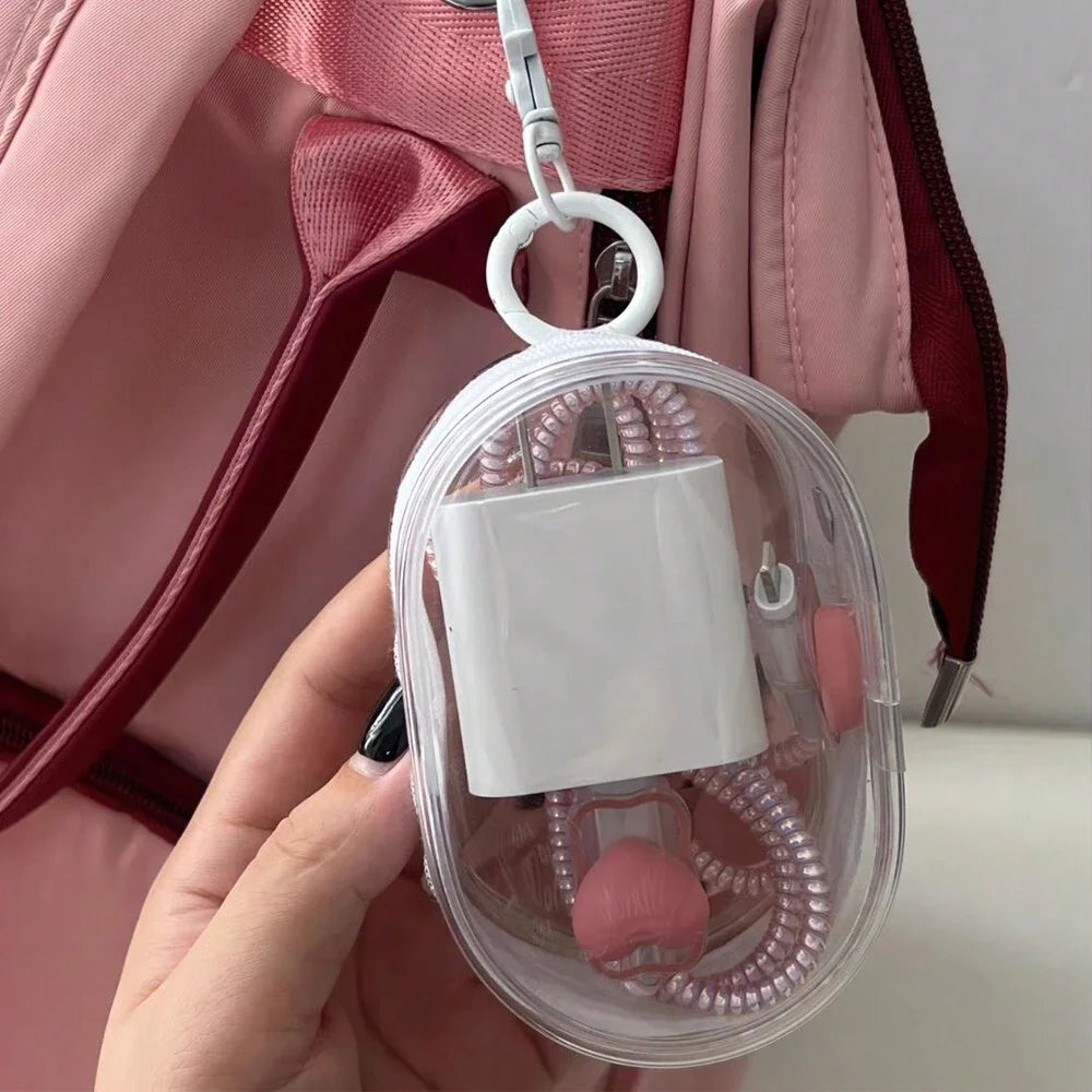 Portable Mini Transparent Storage Bag with Zipper, Multifunctional Headphone and Charger Case, Travel Accessories with Keychain Oasis Select white