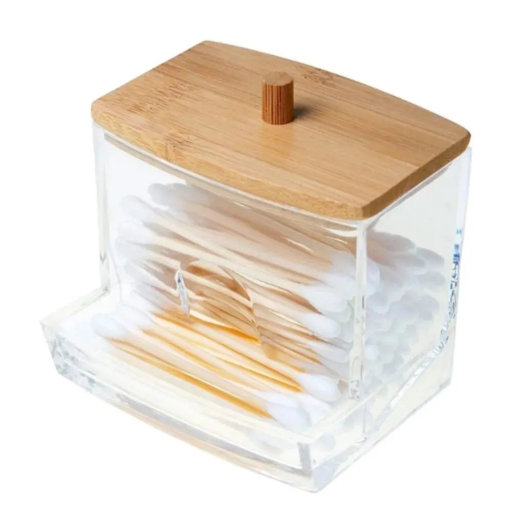 Cotton Swab Box - Transparent Bamboo Cover Dustproof Cotton Swab Toothpick Storage Box Multi-Purpose Visible Dispenser Oasis Select