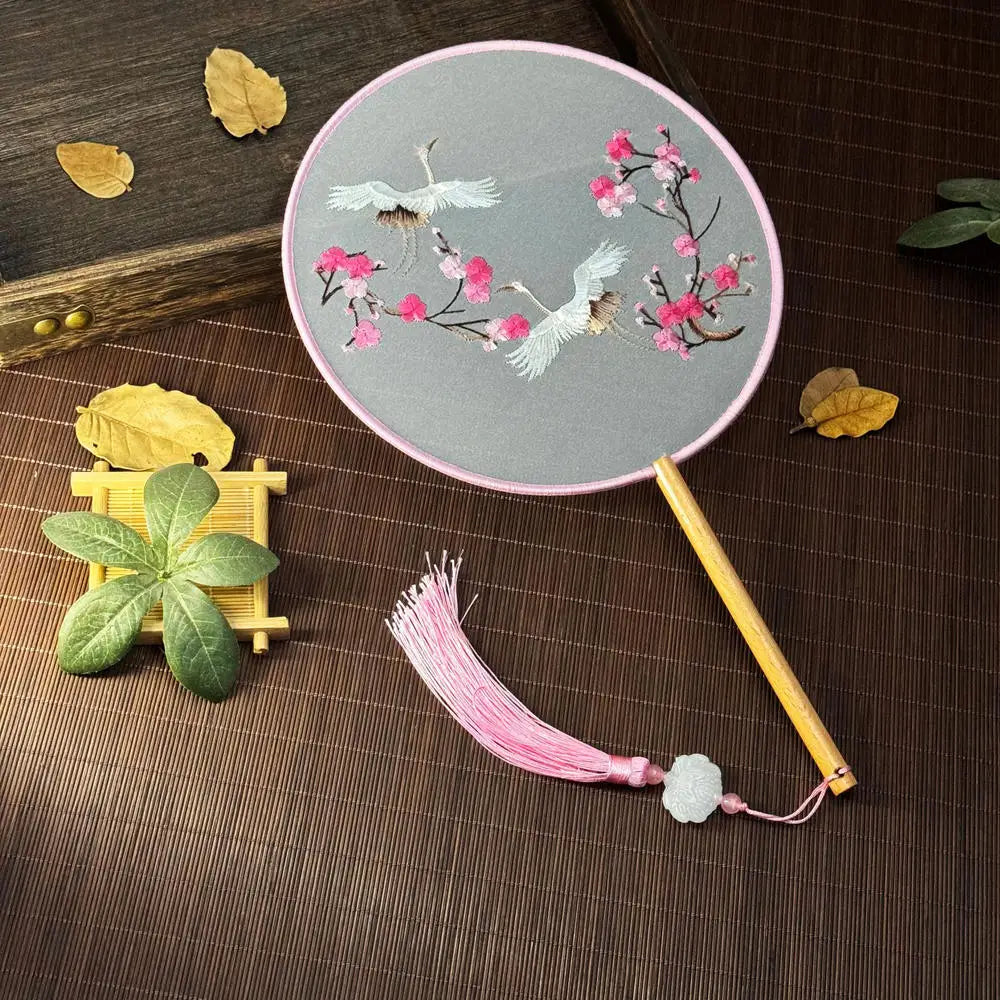 Red Flower Silk Fan Double Sided Embroidery Round Fan Chinese Palace Hanfu Hand Fan Craft Wedding Gift For Guests Home Decor Oasis Select style S CHINA 1PC