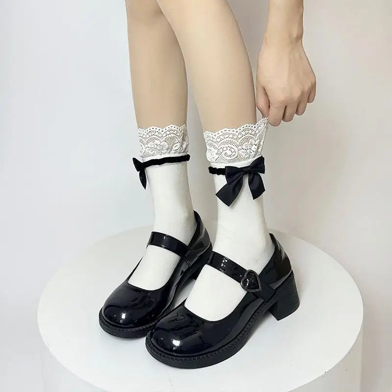 Sweet Lolita Lace Bow Over-Knee Socks | JK School Uniform Style Over-Knee Fashion Socks Oasis Select B1 One Size