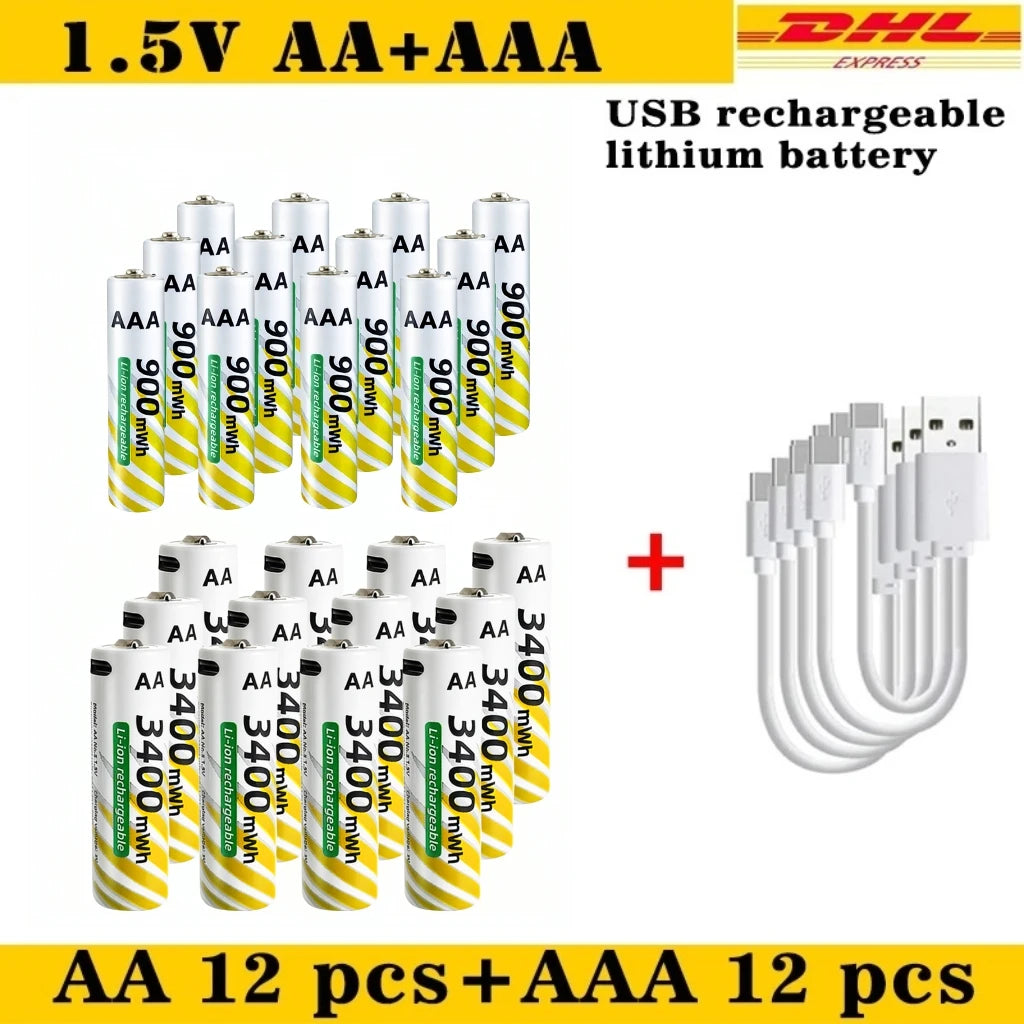 Li-ion AAA and AA Rechargeable Batteries USB Lithium-ion 3400mWh 1.5V AA Rechargeable Batteries+900mWh 1.5V AAA Battery Oasis Select AA 12pcs AAA 12pcs