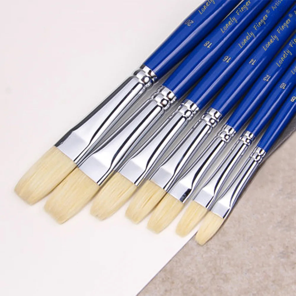 Professional Hog Bristle Flat Oil Paint Brushes Set, 7pcs Wooden Handle Hog Bristle Acrylic Paint Brush, Great for Oil and Acryl Oasis Select 7pcs Blue Flat
