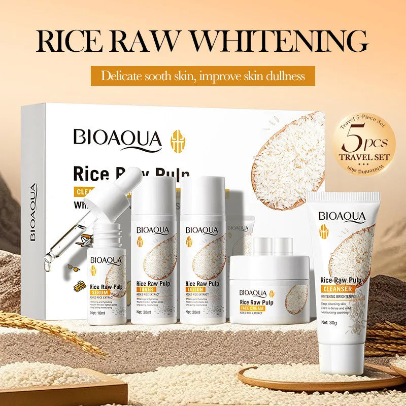 BIOAOUA 5pcs Rice Raw Whitening Travel Set For Cleansing and Moisturizing Whiten Oasis Select