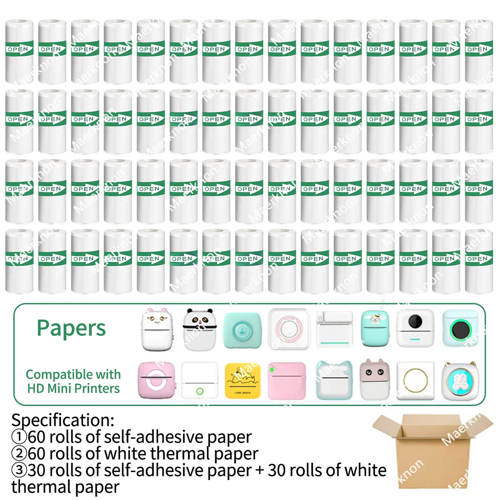60 Rolls Mini Printer Adhesive Paper Self-adhesive Paper White Thermal Paper Printer Label Sticker For Photo lnkless Printer57mm Oasis Select