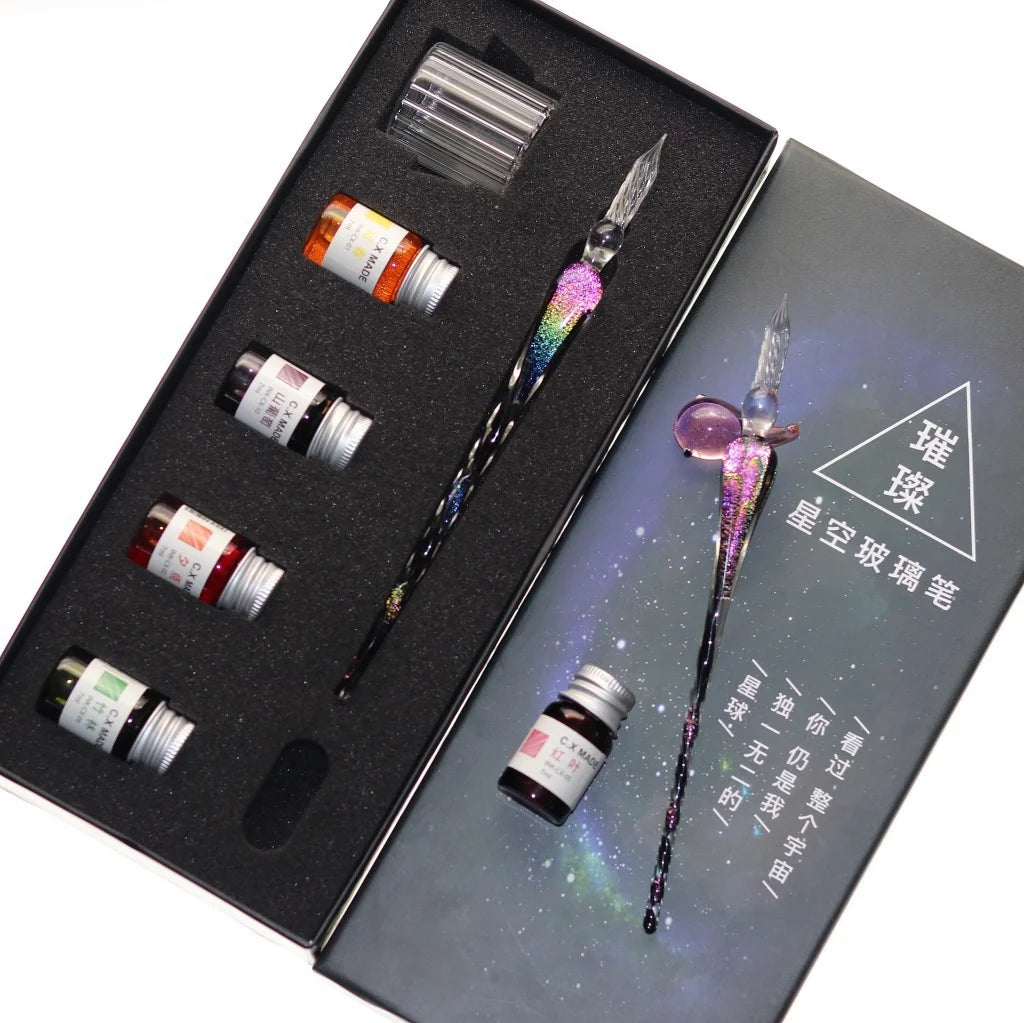 Star glass pen dipped in fountain pen gift box gold powder color ink set for students, net red Tiktok creative gift pen Oasis Select