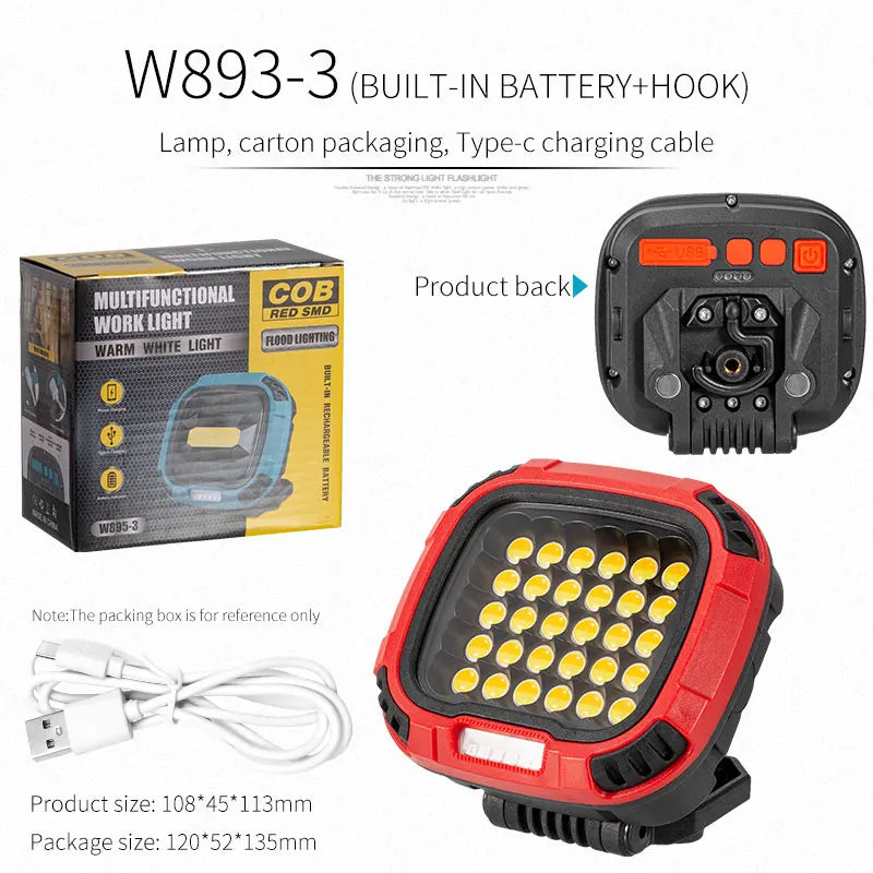Portable Magnetic COB Floodlight Multi-Functional Rechargeable Working Lamp for Outdoor Camping Emergency Highlight Repair Light Oasis Select W893-3 red