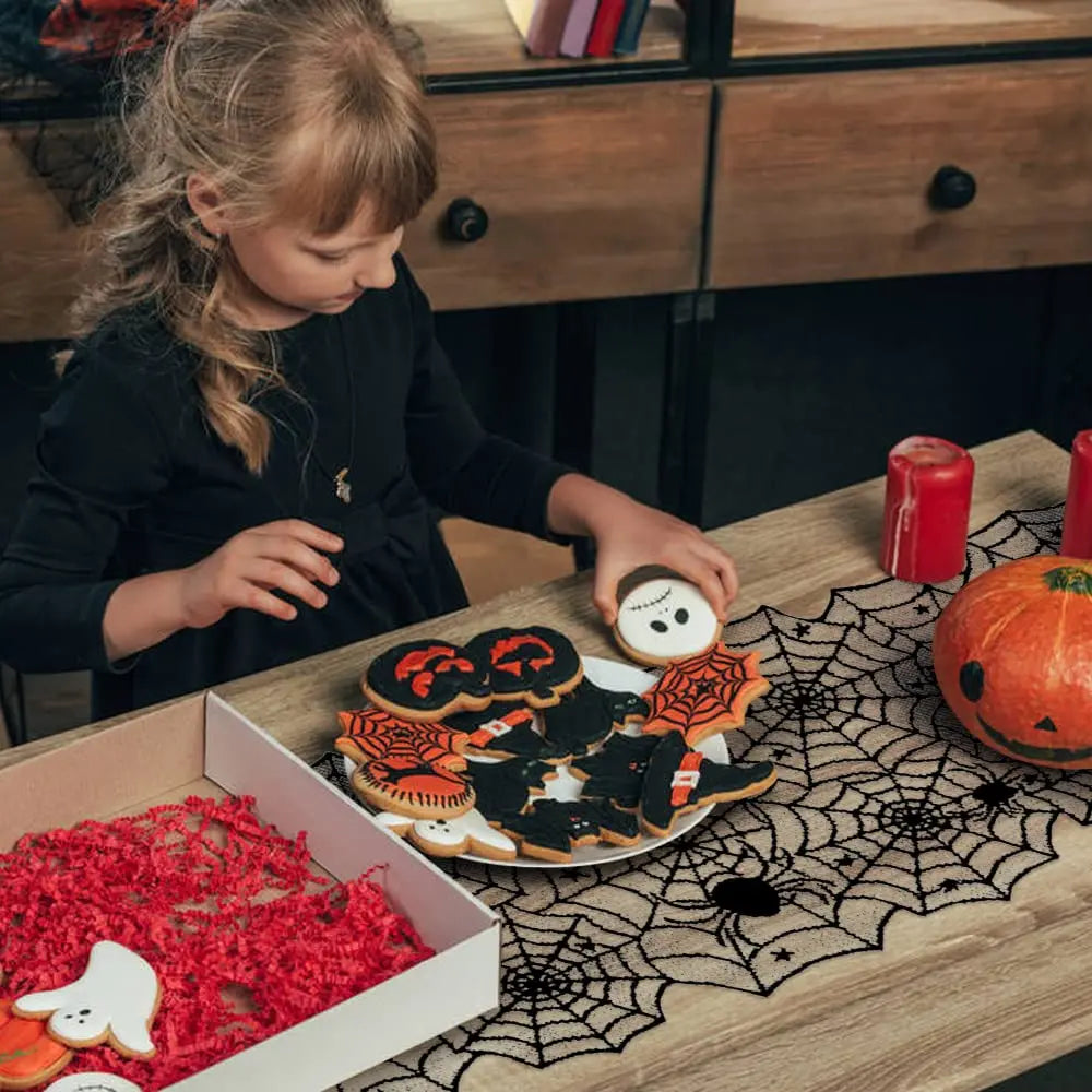 1pc Halloween Decoration Table Runner,Spider Web Black Lace Table Runner for Kitchen Dinner Table,Halloween Decoration Indoor Oasis Select