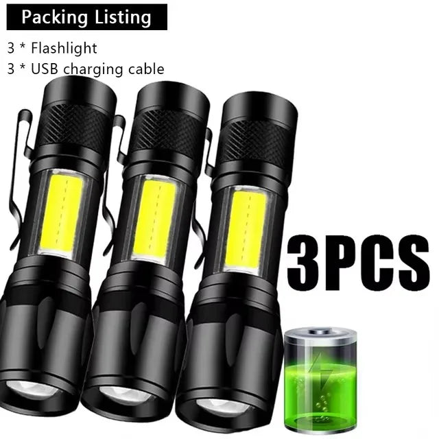 COB+XPE Mini LED Camping Flashlight Portable USB Rechargeable Torch Outdoor Zoomable Light Tactical Lantern Lamp with Pen Clip Oasis Select 3Pcs
