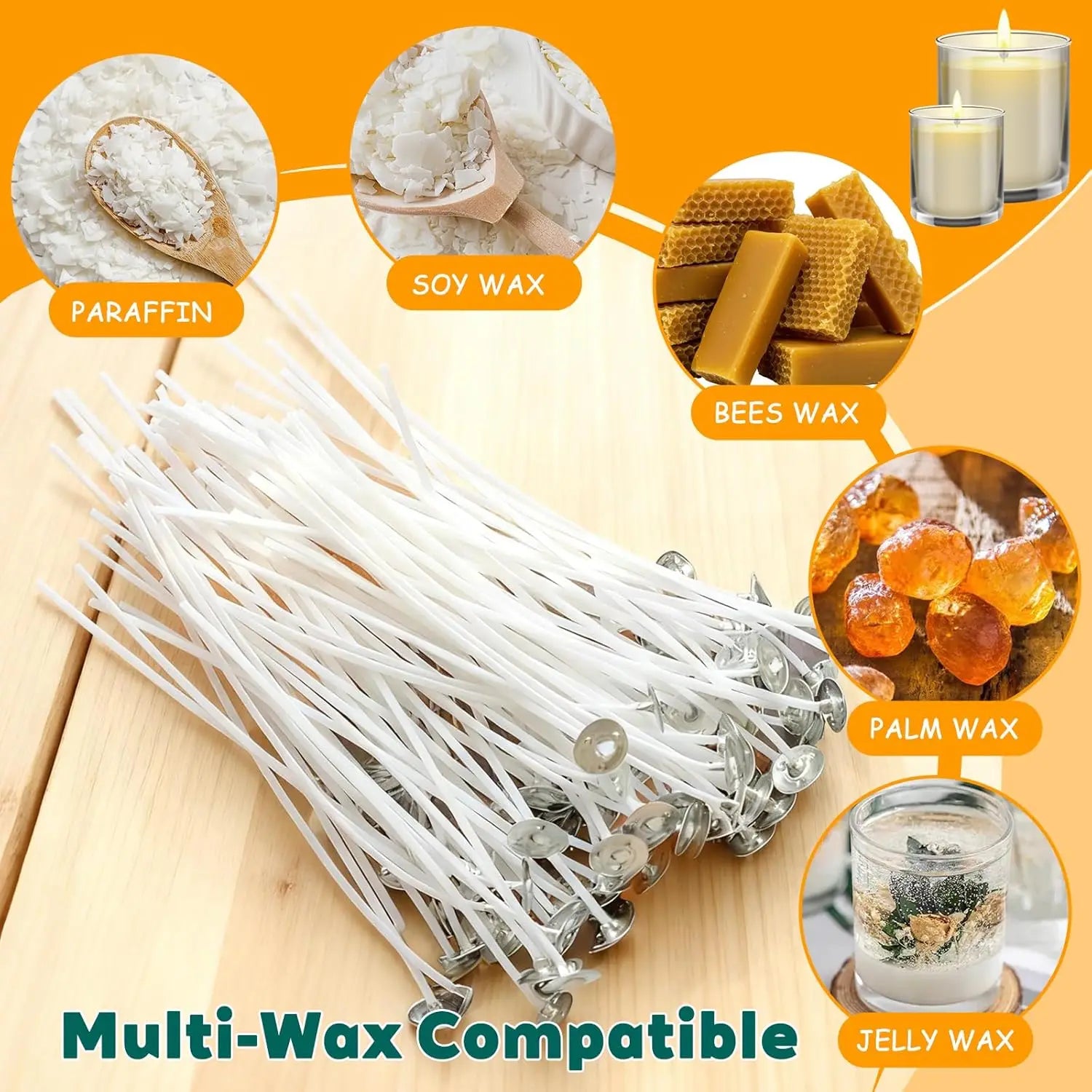 20Pcs Candle Wicks for Making Candles 15cm Metal Tabs Includes 3pcs Wick Holders & 60pcs Glue Dots, for Home DIY Candles