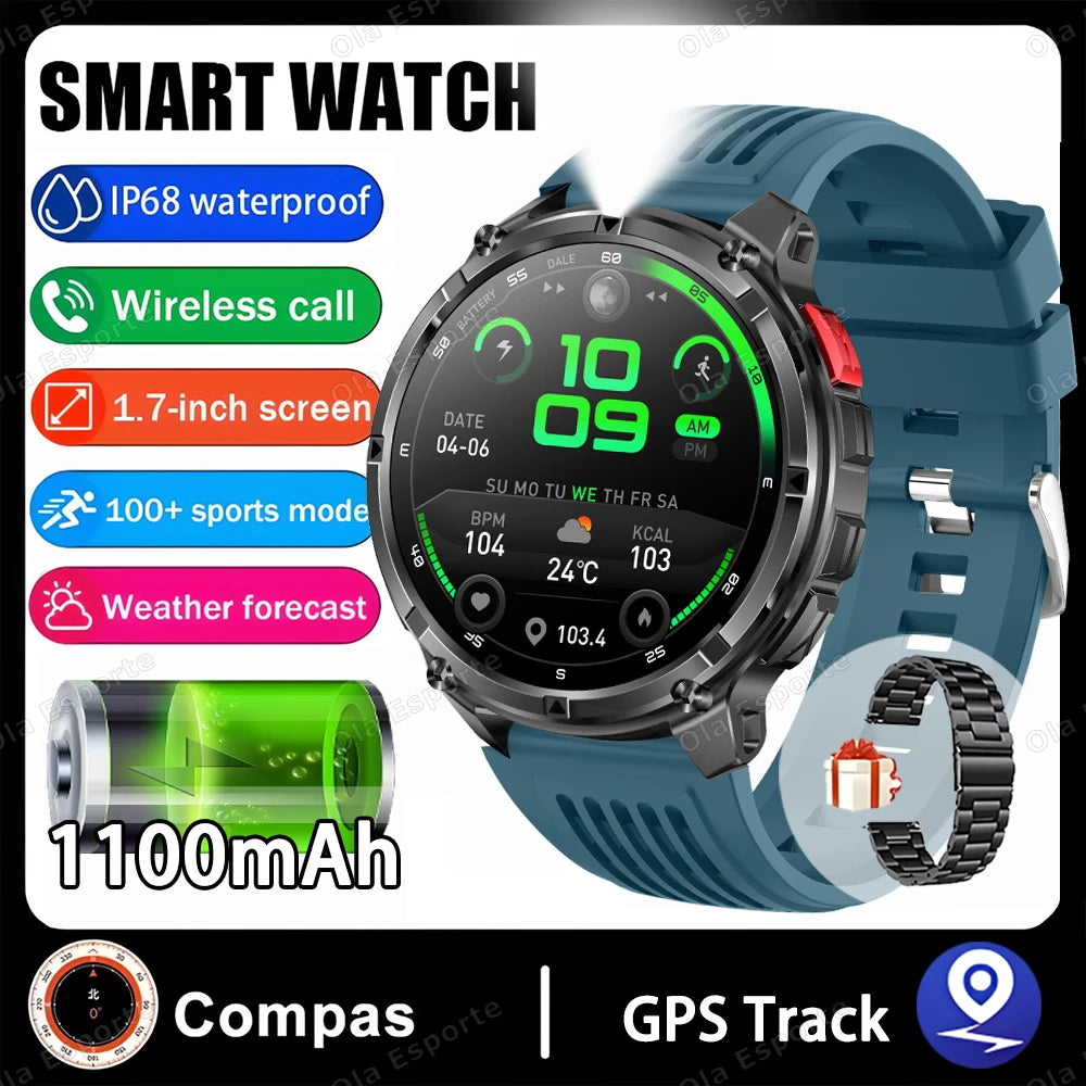 Rugged Military Smartwatch 1100mAh | Compass, Fitness & BT Calls