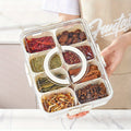 Divided Rotating Serving Tray with Lid and Handle, Portable Snackle Box for Fruits Snacks Veggie Charcuterie, Clear Snack Spinne Oasis Select WHITE