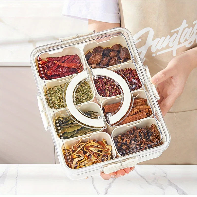 Divided Rotating Serving Tray with Lid and Handle, Portable Snackle Box for Fruits Snacks Veggie Charcuterie, Clear Snack Spinne Oasis Select WHITE