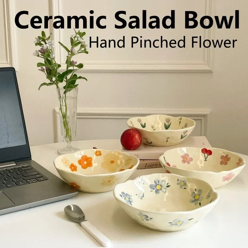 1PCS Ceramic Salad Bowl Hand Pinched Irregular Ins Korean Style Cream Yellow Yogurt Bowl Oatmeal Breakfast Plates Flower Bowl Oasis Select