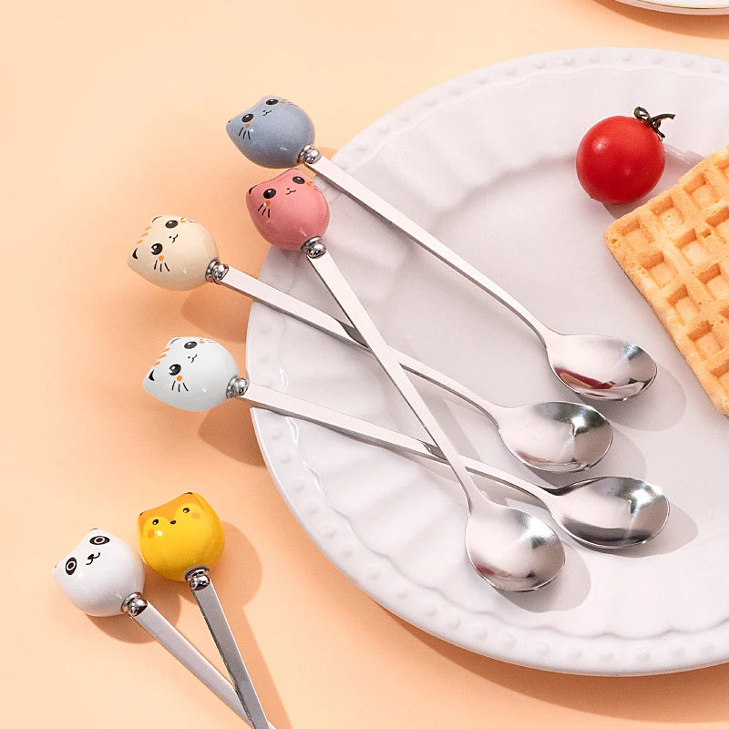 Stainless Steel Coffee Dessert Spoons with Long Cat Handle Cartoon Ice Cream Stirring Spoon Ceramic Kitchen Flatware Oasis Select