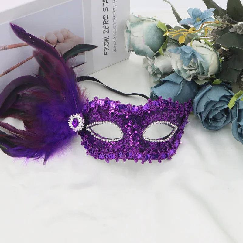 Feathers Sequins Half-Face Mask Masquerade Removable Feather Decor Venetian Mask Halloween Cosplay Party Costume Accessory Oasis Select Purple