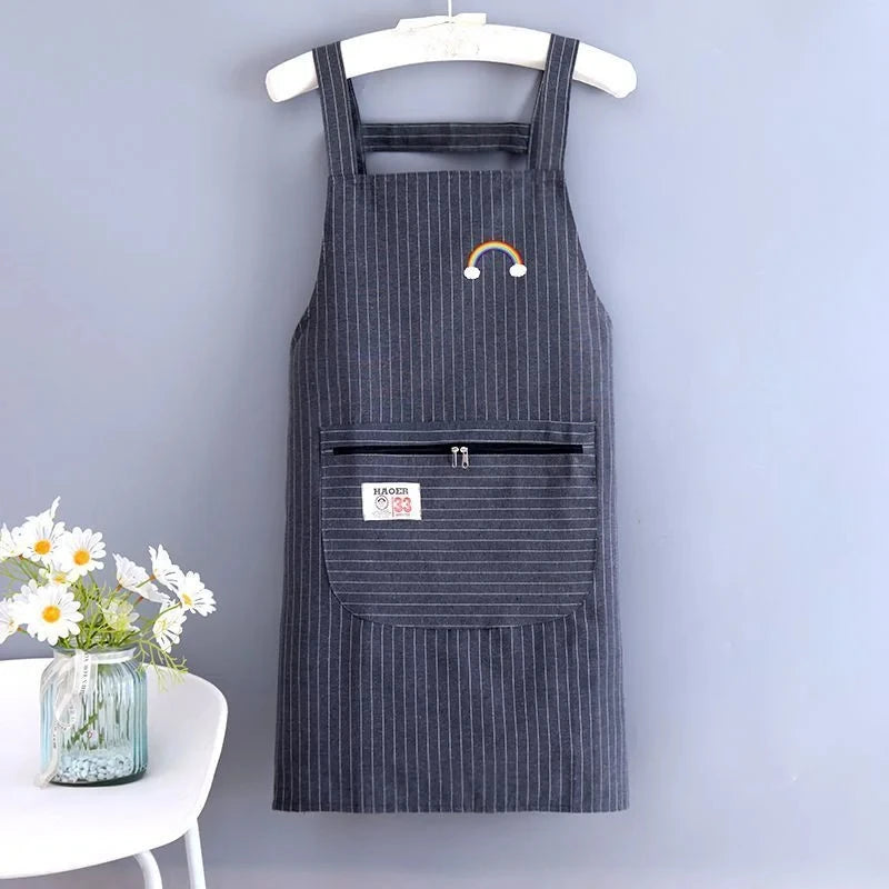 Kitchen Oil Resistant Aprons Striped Zippered Cotton Apron With Straps Breathable Apron Women's Dirt Resistant Work Clothes Oasis Select