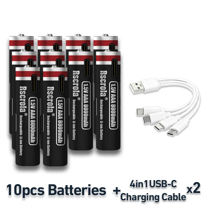 2026 New 1.5V AAA Rechargeable Li-Ion Battery 8000mAh Type-C Fast Charging for Smart Home, Toys, Shavers, Mouse, Flashlights Oasis Select 10 PCS AAA Batteries 1.5V