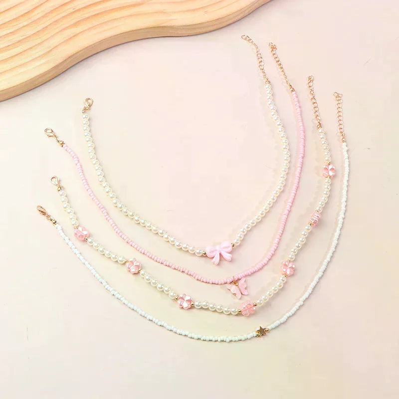 4pcs/Set Girls' Butterfly Heart Flower Pearl & Beaded Handmade Necklace Set Children Teen Friendship Best Gift For Friends Oasis Select