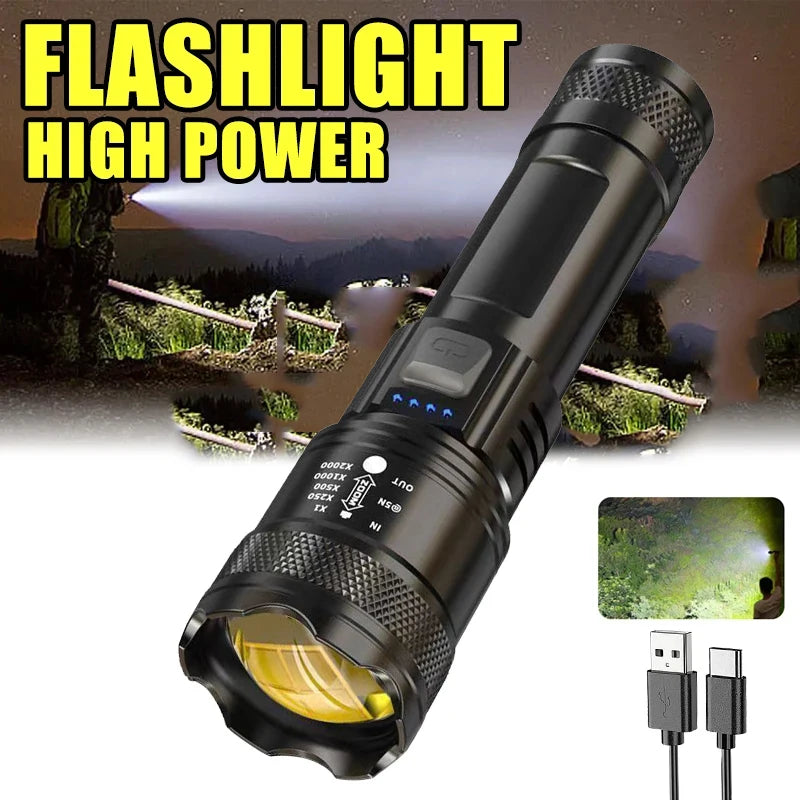 High Strong Power Led Flashlights Rechargeable Tactical Torch Safety Emergency Light for Outdoor Camping Fishing Working Zoom Oasis Select
