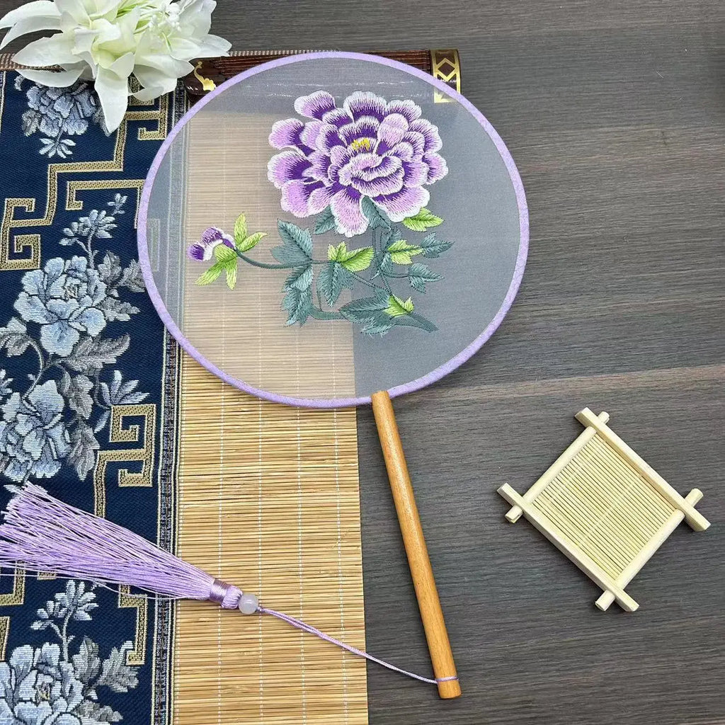 Chinese Style Classical Embroidery Group Fan Gifts Cheongsam Catwalk Photo Props Stage Performance Show Dance Party Round Fan Oasis Select Purple Peony