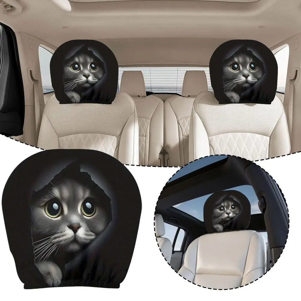2-Pack Cute Cat Car Headrest Covers – Universal Elastic Fit