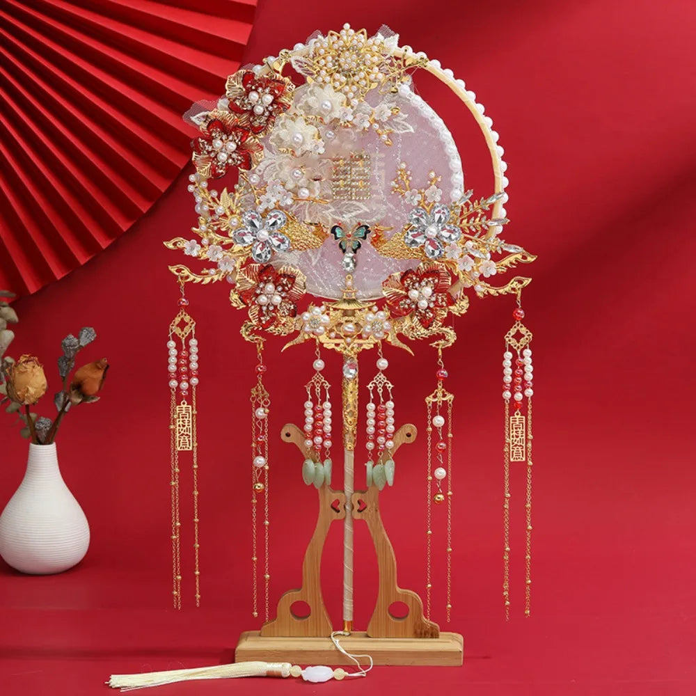 Handmade Chinese Bridal Fan – Silk Tassel & Flower Wedding Fan