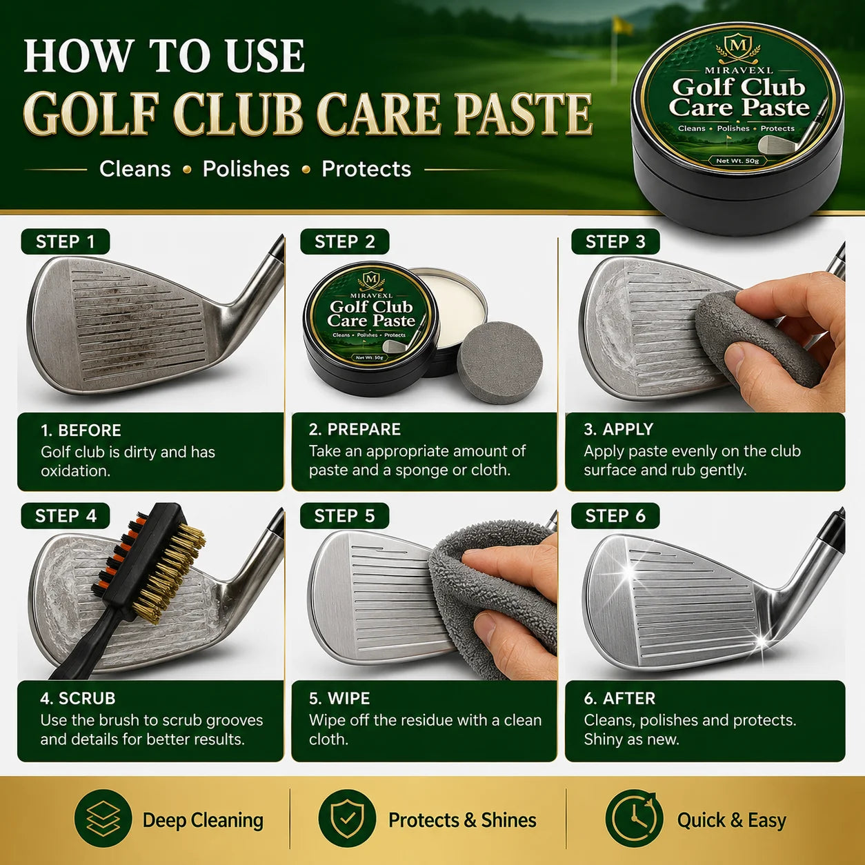 Golf Club Care Paste Kit with Polishing Cloth and Cleaning Brush, Club Head Cleaner Polish forIrons Wedges Putters Accessories! Oasis Select