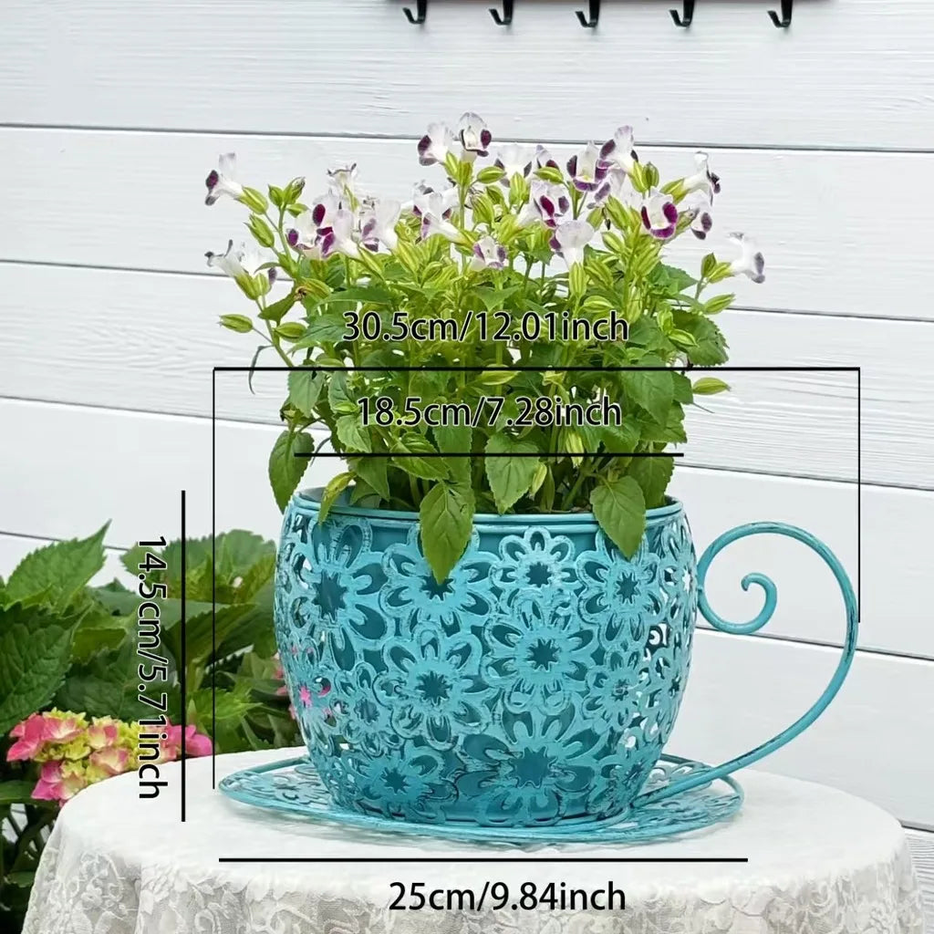 Outdoor Wrought Iron Teacup Shape Flower Pot Accessories Villa Garden balcony Table Ornaments Crafts Courtyard Items Decoration Oasis Select Dark Blue