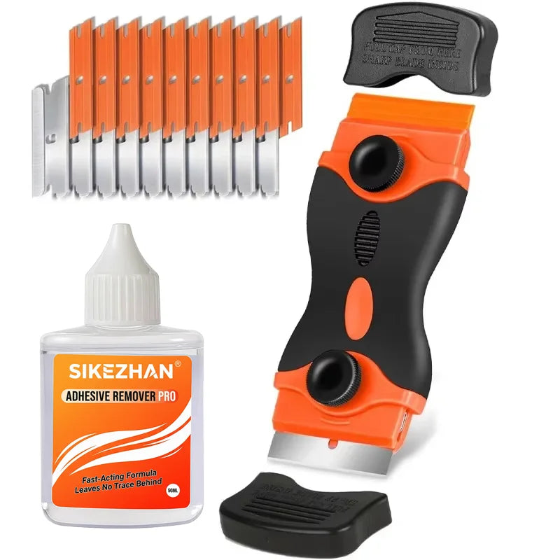 Multi-Use 50ml Sticker Remover Liquid Razor Scraper 20 Blades Kit for Car Home Glass Decal Tint Label Glue Residue Fast Cleaning Oasis Select Full package