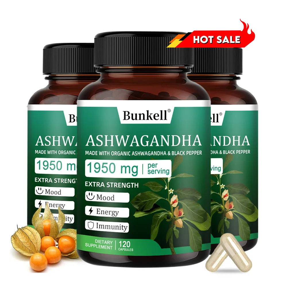 Organic Ashwagandha 1950mg Capsules with Black Pepper | Stress Relief Herbal Supplement Oasis Select 120 count-3 bottle