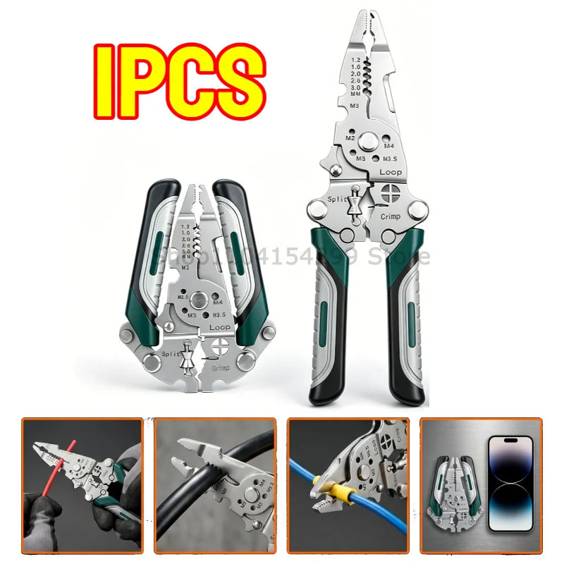 Foldable Wire Stripper Electrician Wire Splitter Wire Pliers Crimping Plier Tool with Stripping, Crimping and Twisting Functions Oasis Select 1PCS