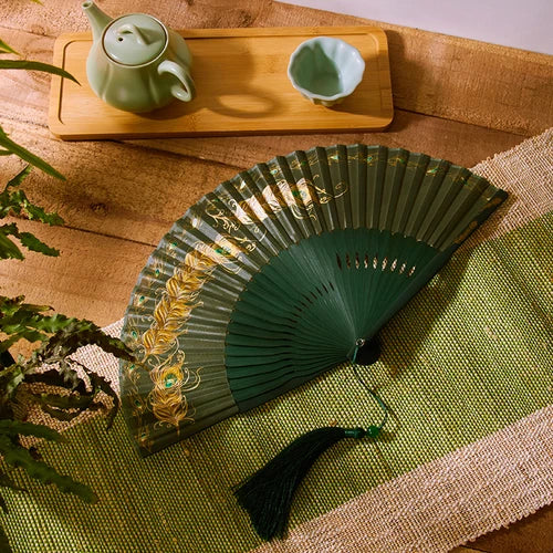 21cm Chinese style retro style green series Cherry Blossom gradient folding fan daily portable dance cheongsam fan Oasis Select 7