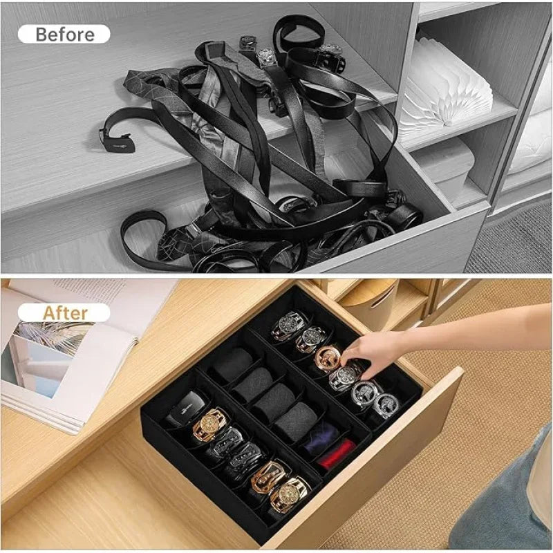 3-Pack Black Fabric Belt& Tie Organizer, Closet Organization Drawer Storage, Foldable Non-Woven Holder for Dresser Oasis Select