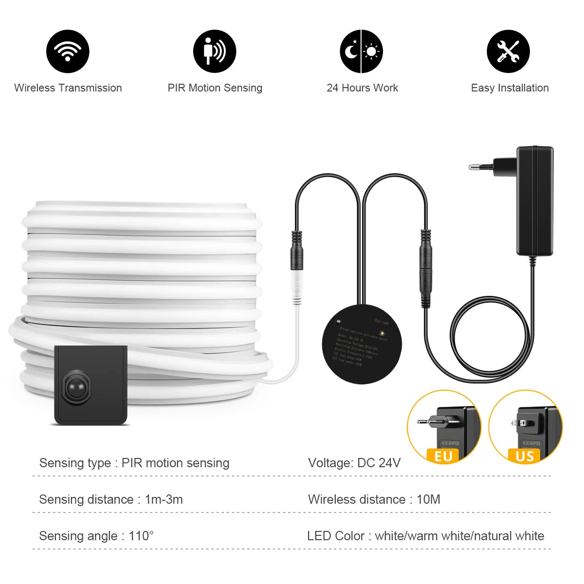 24V Wireless PlR Motion Sensor COB LED Neon Strip NightLight for Bed Bathroom Stair Hallway Lighting 3/5/10m Solid Silicone Tape Oasis Select
