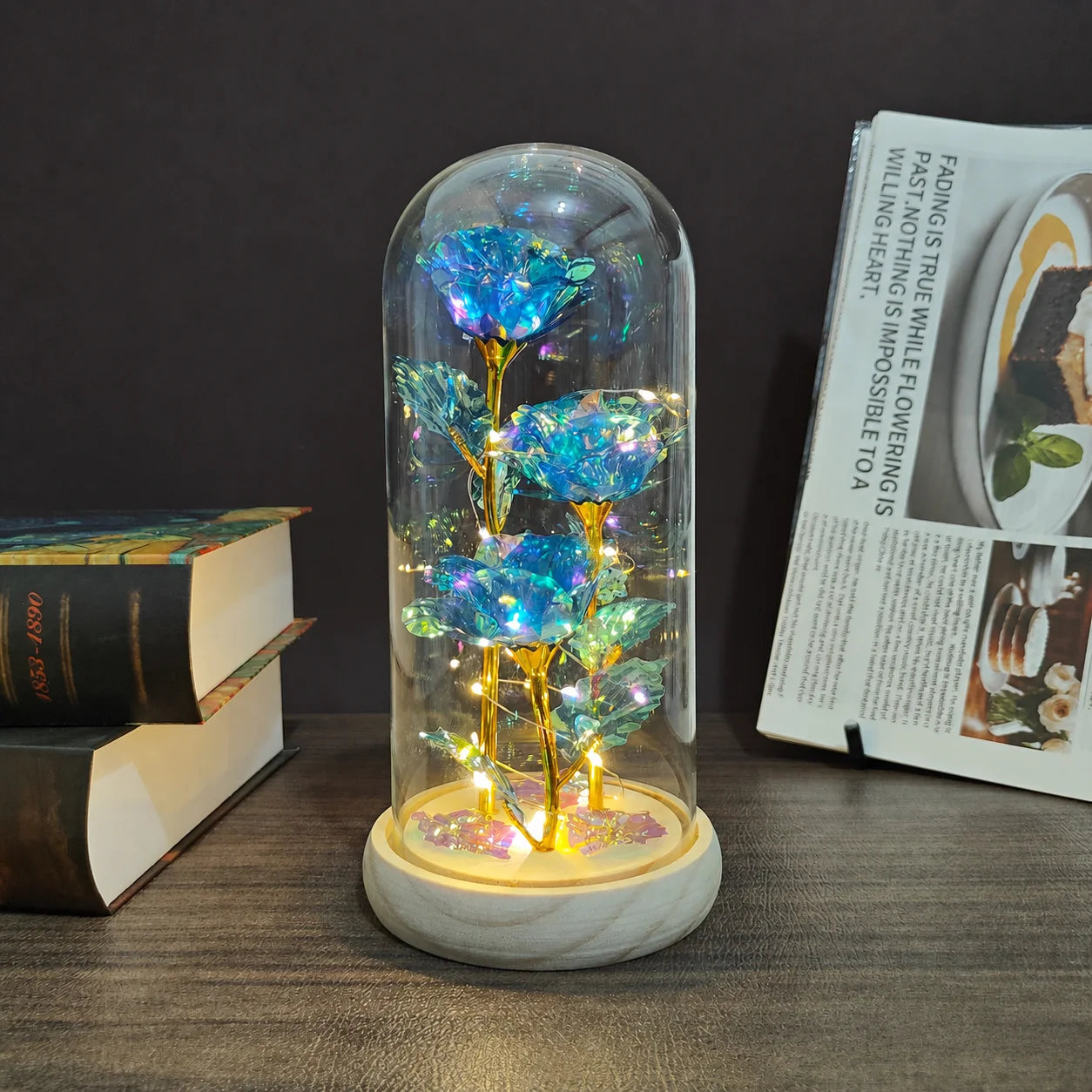 Graduation Season Teacher's Day Creative Gift Box for Women - Rose Flower Gift, Perpetual Flower Glass Cover with Three Artifici Oasis Select Blue Clear