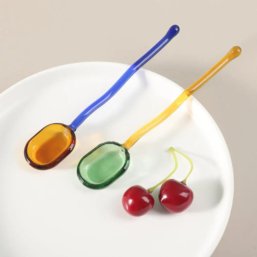 Simple Creative Milk Dessert Spoon Color Pastoral High Temperature Resistant Glass Spoon Cute Long Handle Coffee Mixing Spoon Oasis Select