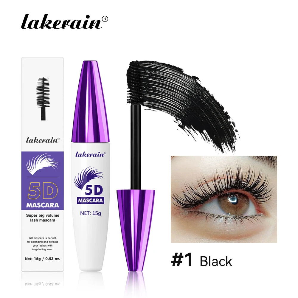 Lakerain 5D Mascara Eyelashes Lengthening Long-Lasting Intense Black Waterproof Nourishing Smudge-Proof Mascara Eye Makeup Oasis Select Black