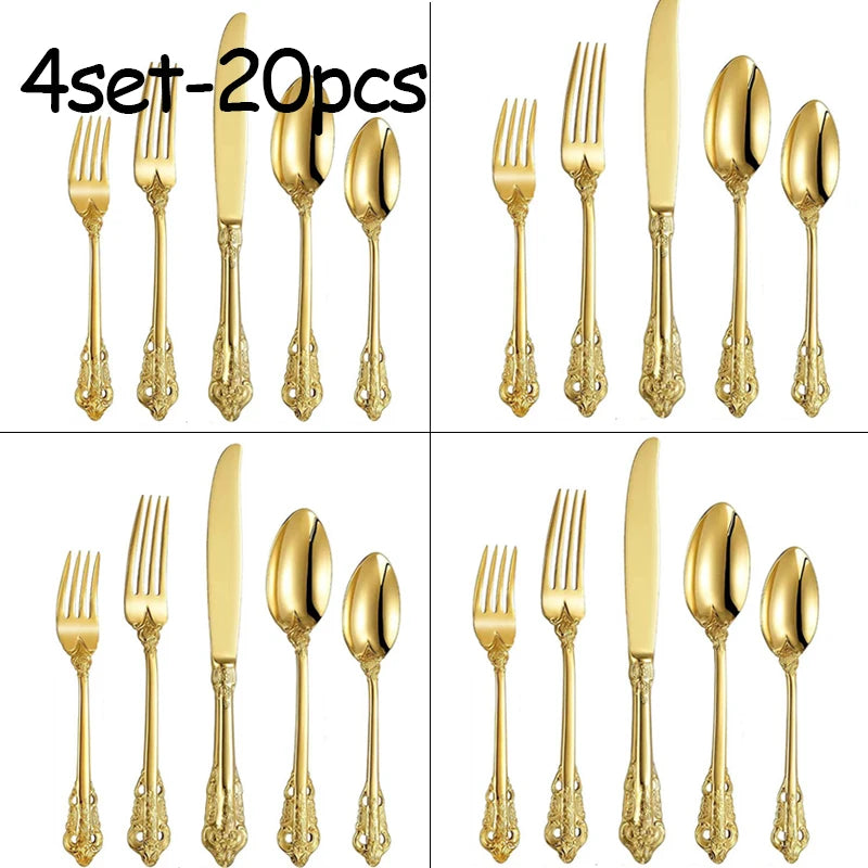 Stainless Steel Dinnerware Sets High-grade Knife Fork And Spoons Cutlery Kits Gold Plated Floral Pattern Tableware Dropship Oasis Select 4set golden