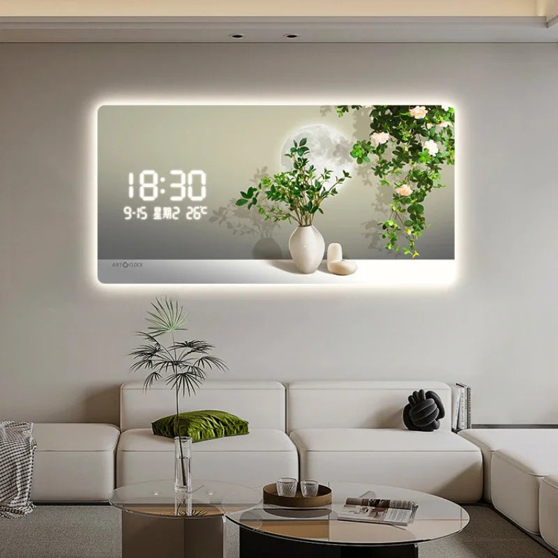 Simple Green Plant Digital Electronic Clock Living Room Decoration Painting Plug-in Digital Display Screen Light Wall Clock Oasis Select