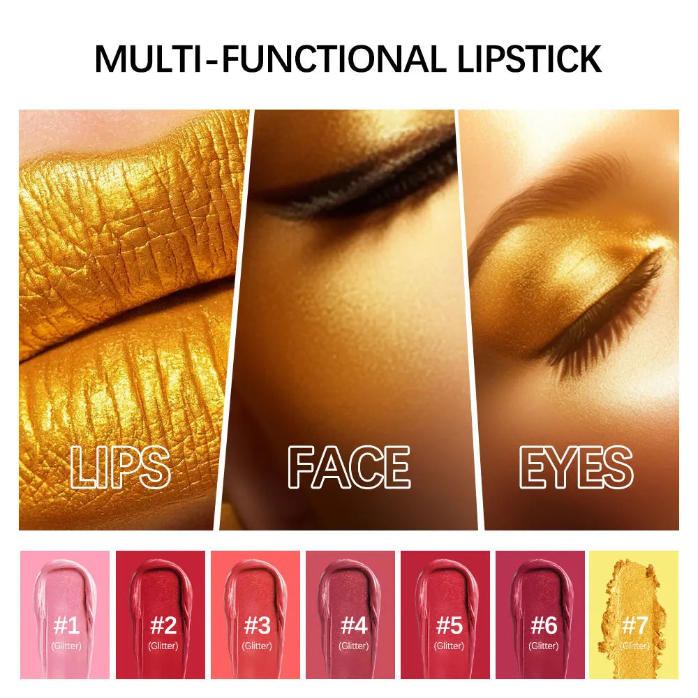 Shimmer Gold Glitter Lipstick – Long-Lasting Waterproof, 7 Shades
