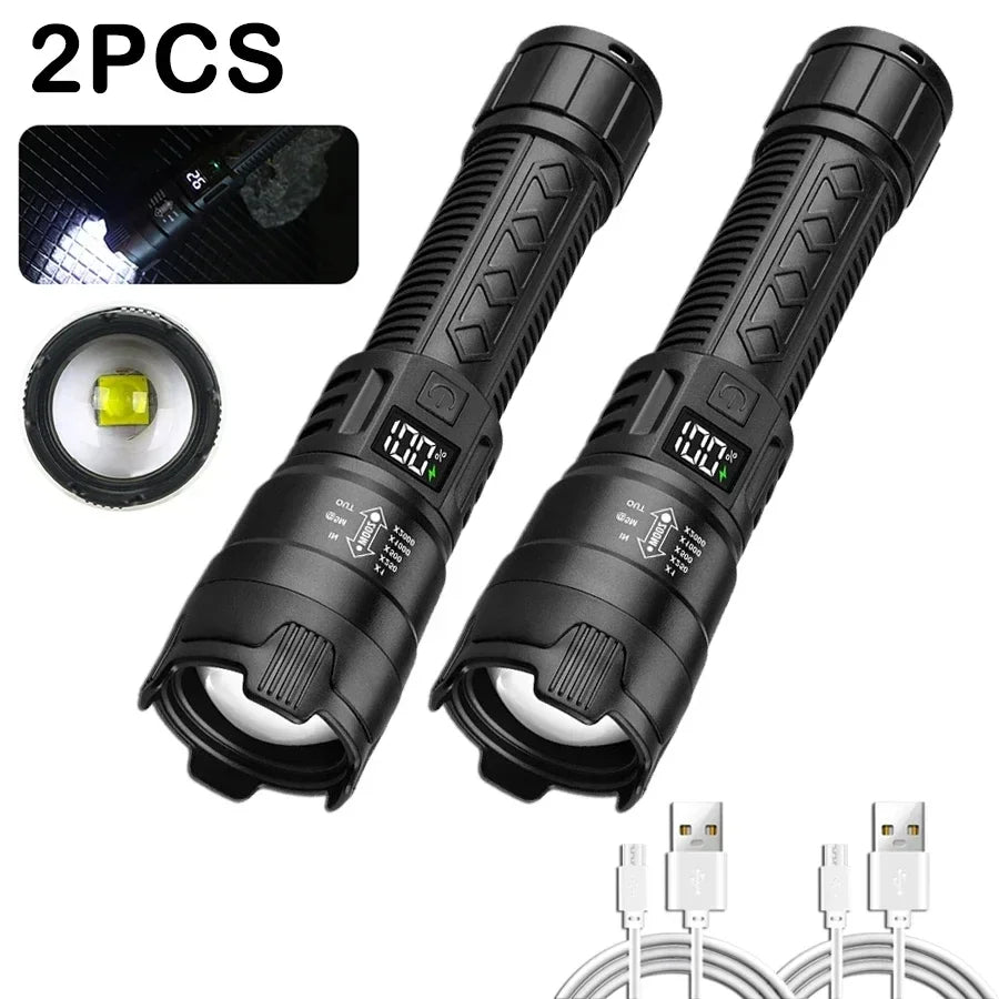High Strong Power Led Flashlights 2000LM Tactical Torch with Display Light USB Charging Camping Fishing Emergency Zoom Lantern Oasis Select TY908 2PCs