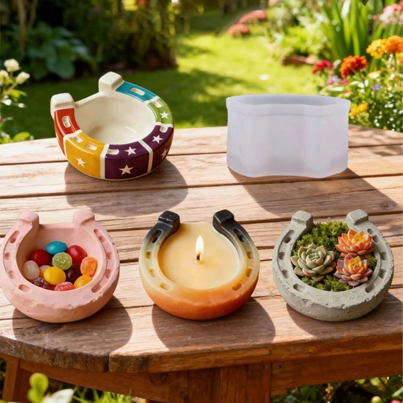 Lucky Horseshoe Concrete Flower Pot Mold, Retro Cement Planter Silicone Mould, DIY Ashtray Storage Tray Resin Tool Oasis Select