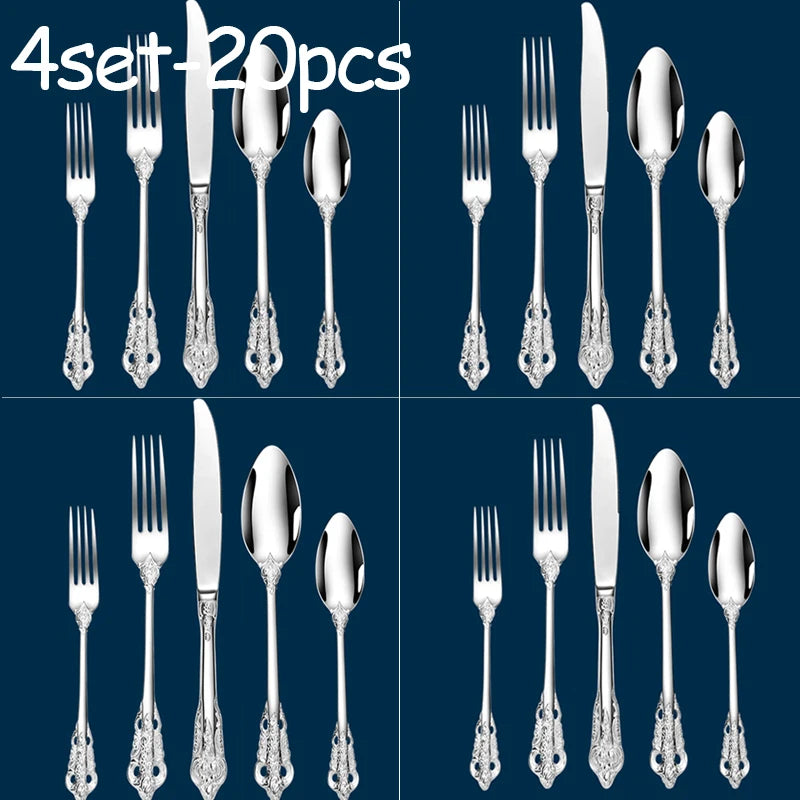 Stainless Steel Dinnerware Sets High-grade Knife Fork And Spoons Cutlery Kits Gold Plated Floral Pattern Tableware Dropship Oasis Select 4set silver