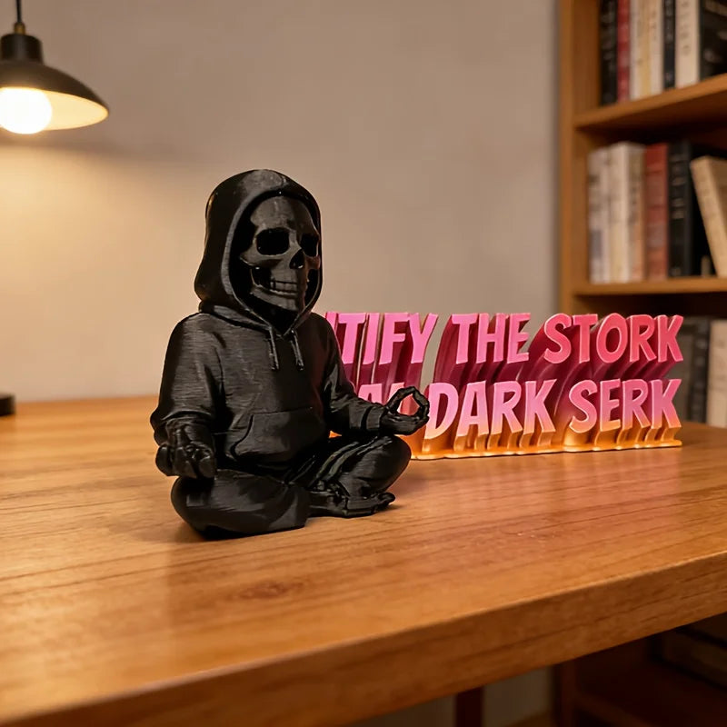 Gothic Hooded Skeleton Statue 3D Printing Yoga Pose Skull Mini Figurine Zen Ornament Decor Ornaments for Home Desktop Room Gifts Oasis Select
