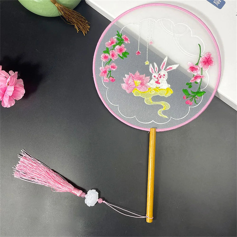 Round Double Sided Embroidery Fan Chinese Style Wooden Handle Embroidery Round Fan with Pendant Handheld Flower Silk Fan Oasis Select Style 4