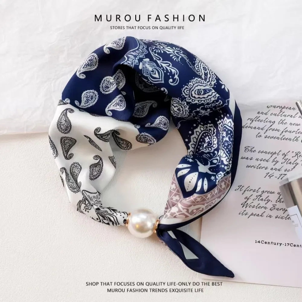 Elegant Breathable Silk Scarf Pearl Buckle Printed Magnetic Snap Scarf Lightweight Thin Faux Pearl Scarf for Women Accessories Oasis Select 03