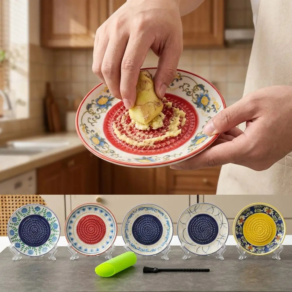 Ceramic Garlic Ginger Grater Plate with Brush & Peeler