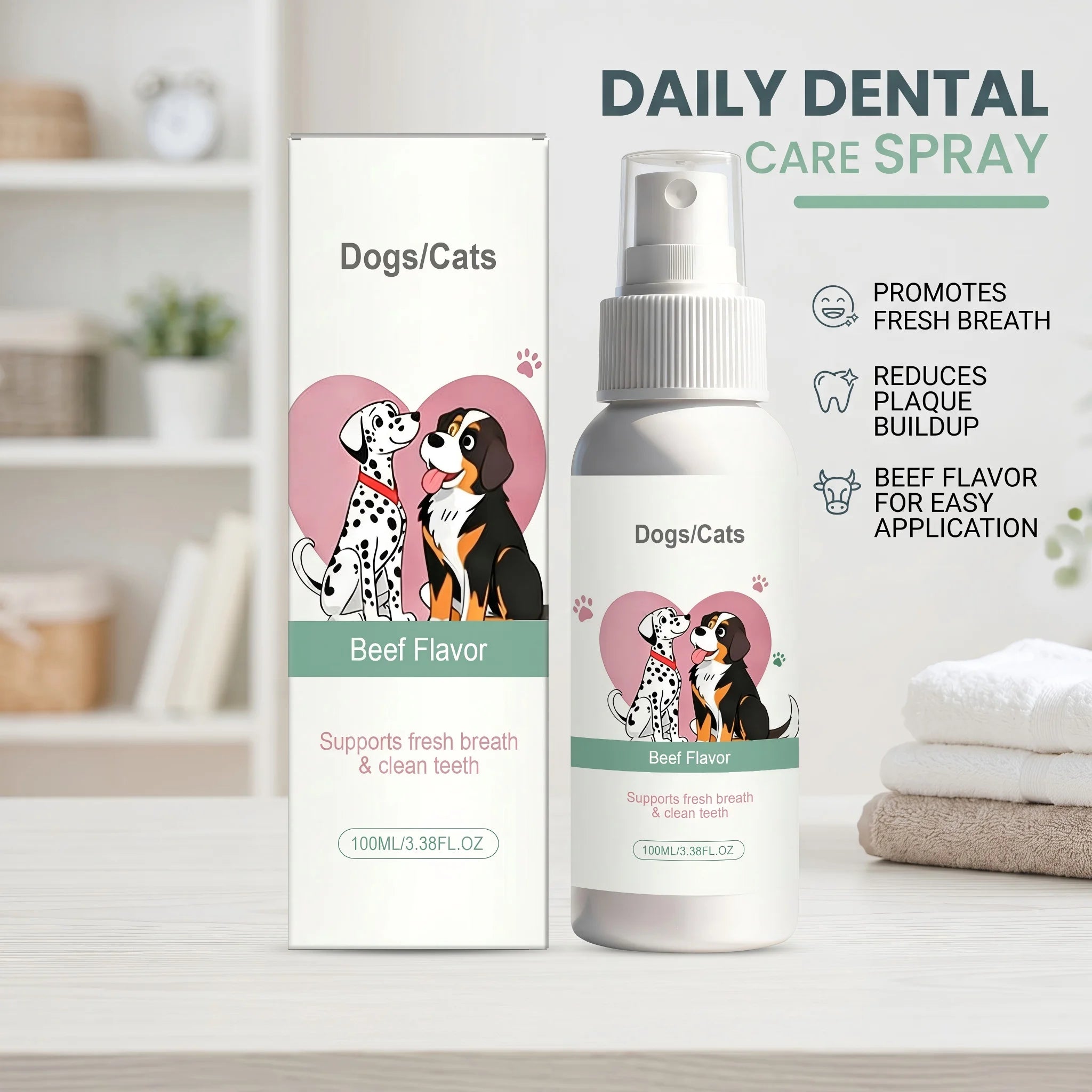 Pet Dental Spray Beef Flavor Breath Freshener Reduces Plaque and Tartar Removes Odor Eliminating Spray for Dogs & Cats Gum Care Oasis Select